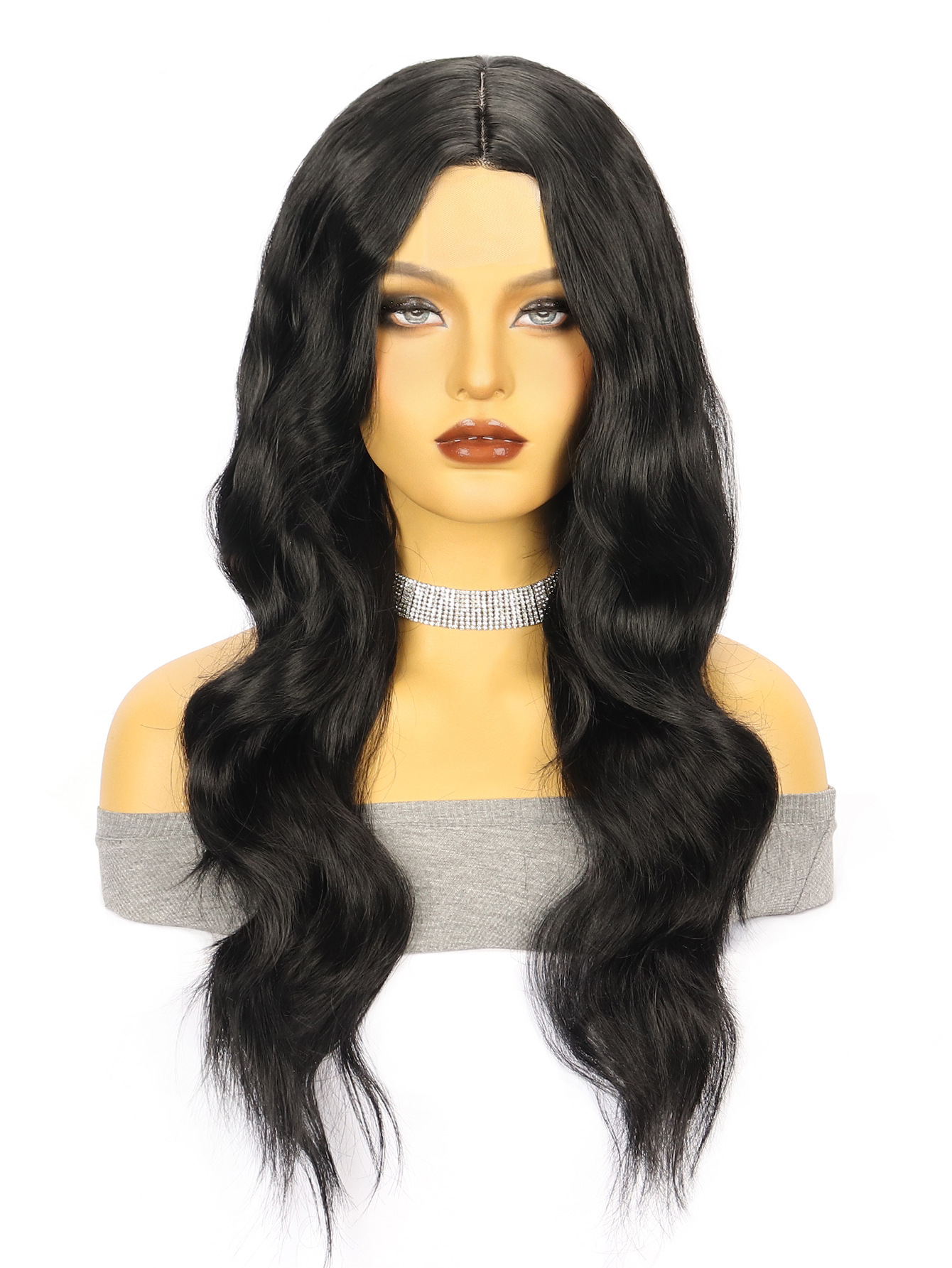 Amazon nuevo marrón onda grande largo rizo pelo de fibra química frente encaje señoras peluca pequeño en stock