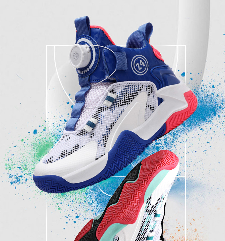 曼巴足迹 儿童篮球鞋春夏季网面透气旋转纽扣男童运动鞋