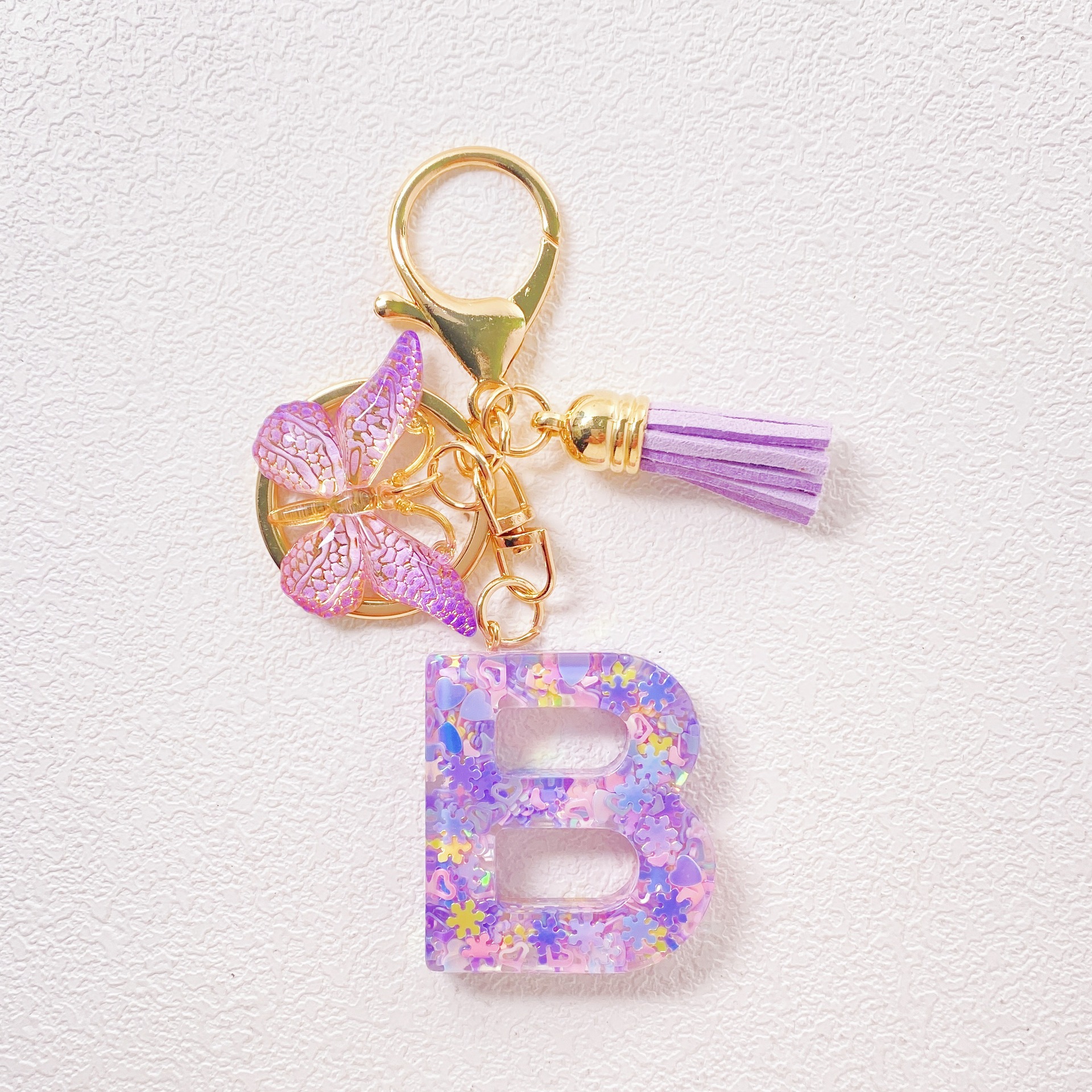 20g Weight Sequins Inlay Material Keychain Classification Daily Occasion Epoxy Material Letter, Butterfly Pattern Women's Gender Sweet Style Purple Color Letter Butterfly Keychain Epoxy Sequins Women's Sweet Keychain 3