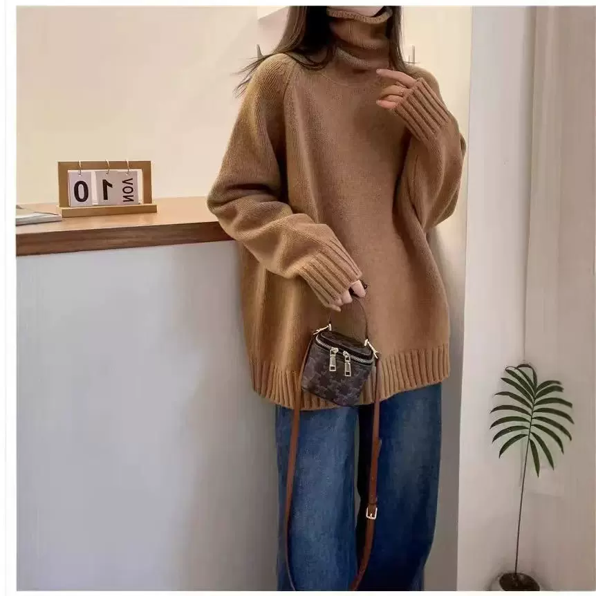 秋冬新款欧货堆堆领羊毛衫女加厚宽松慵懒风毛衣百搭高领针织打底