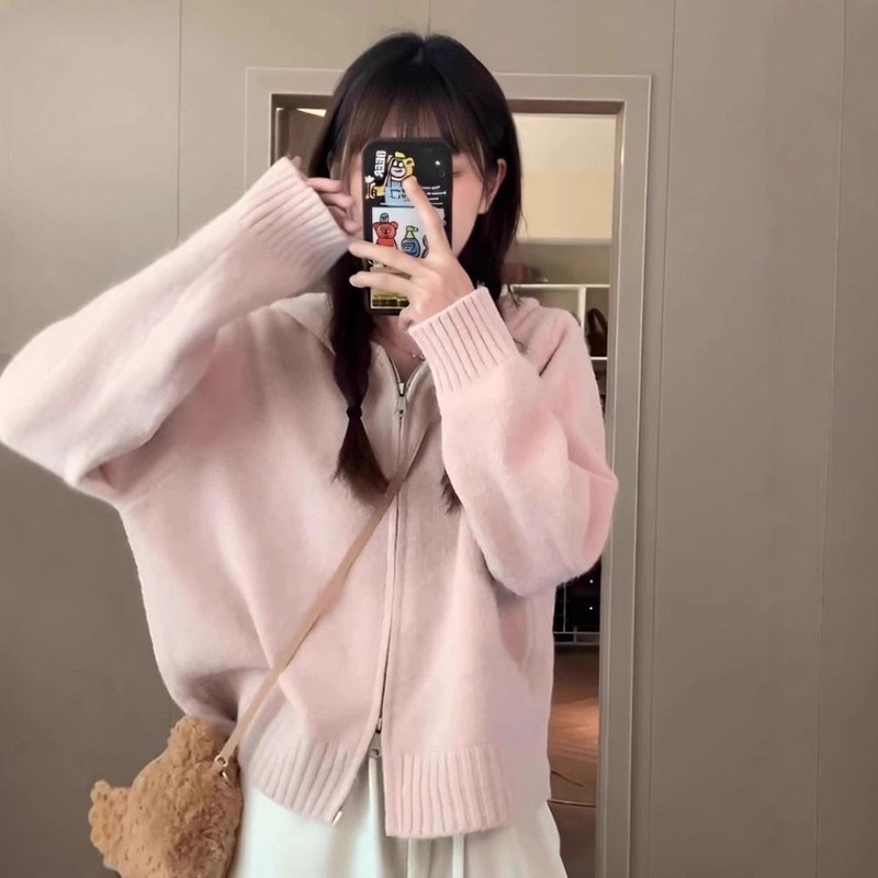 Sweater Cardigan Zipper Short Top Autumn and Winter Pink Knitwear Hooded Loose Lazy Style Spring Jacket for Women