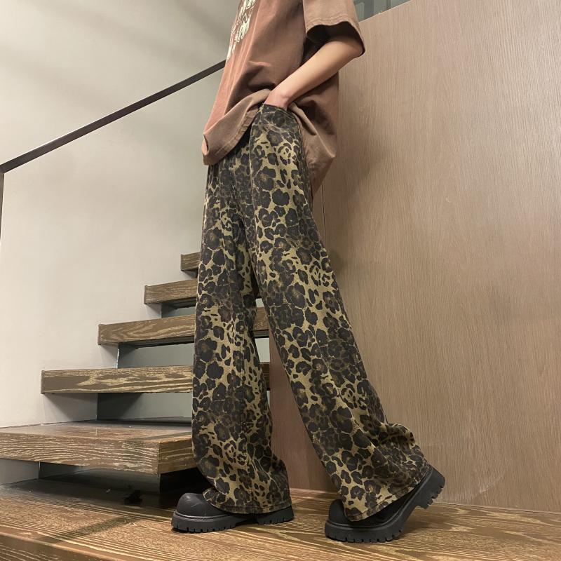 Vintage American Jeans estampado leopardo primavera hombre suelto rectas piernas anchas pantalones casuales juveniles de alta calidad image 4