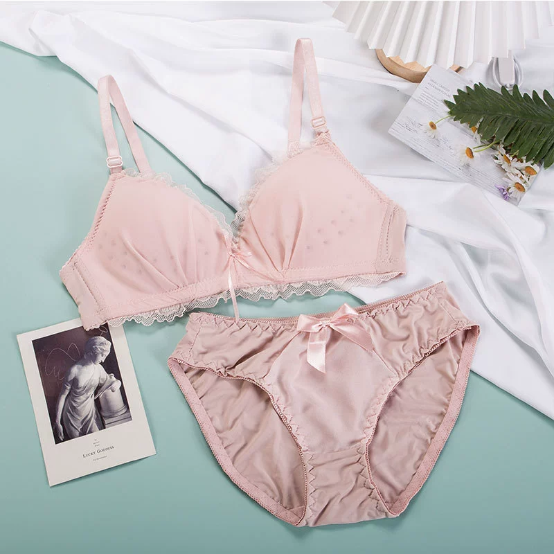 Push‑up wireless bra set, lace trim and bow, thin cups, pretty back, sizes 70AB–85AB