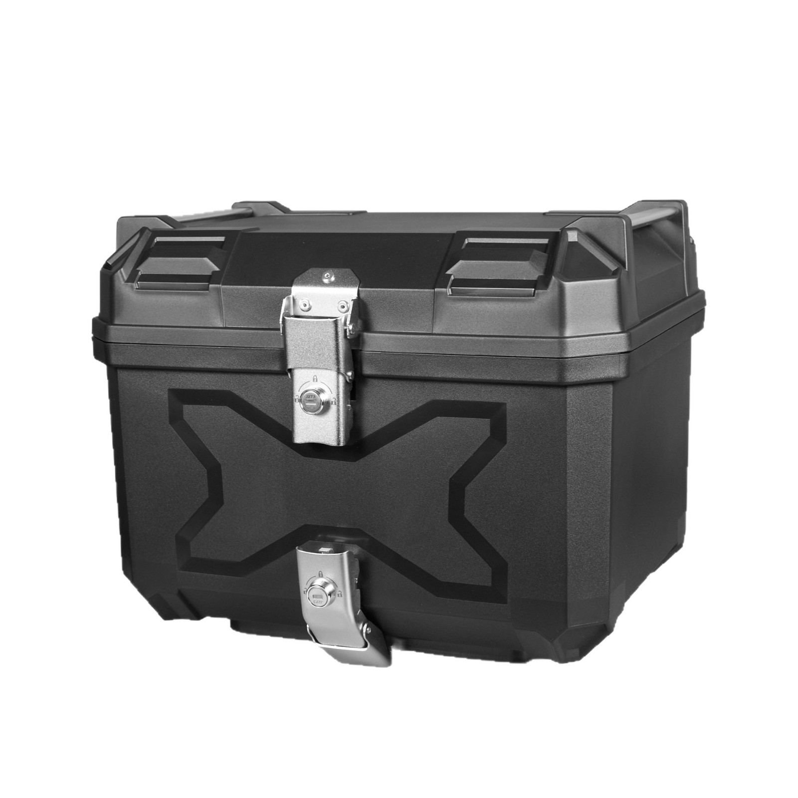 Baúl trasero de motocicleta de aleación de aluminio al por mayor de fábrica, baúl trasero de PP/ABS con baúl plano trasero con relieve en X