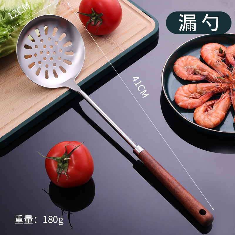 Cocina Mango de madera de cocina 304 espátula de acero inoxidable mango de madera creativo colador pala utensilios de cocina al por mayor