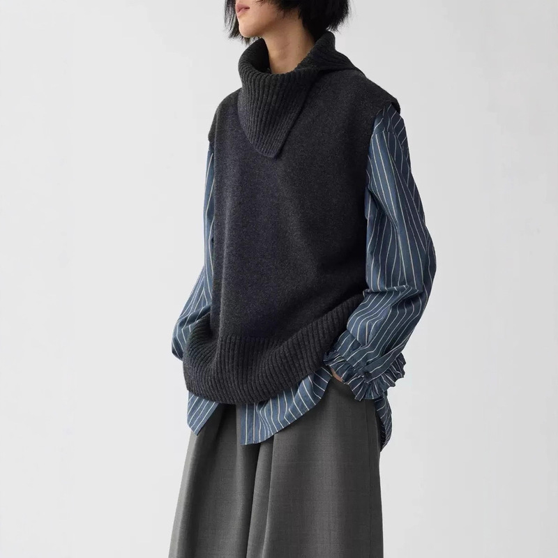 Haverice Restaurant Treasure Stacked Vest Wool Detachable Scarf Two-Wear V-Neck Knitted Vest Haverice Restaurant Treasure Stacked Vest Wool Detachable Scarf Two-Wear V-Neck Knitted Vest