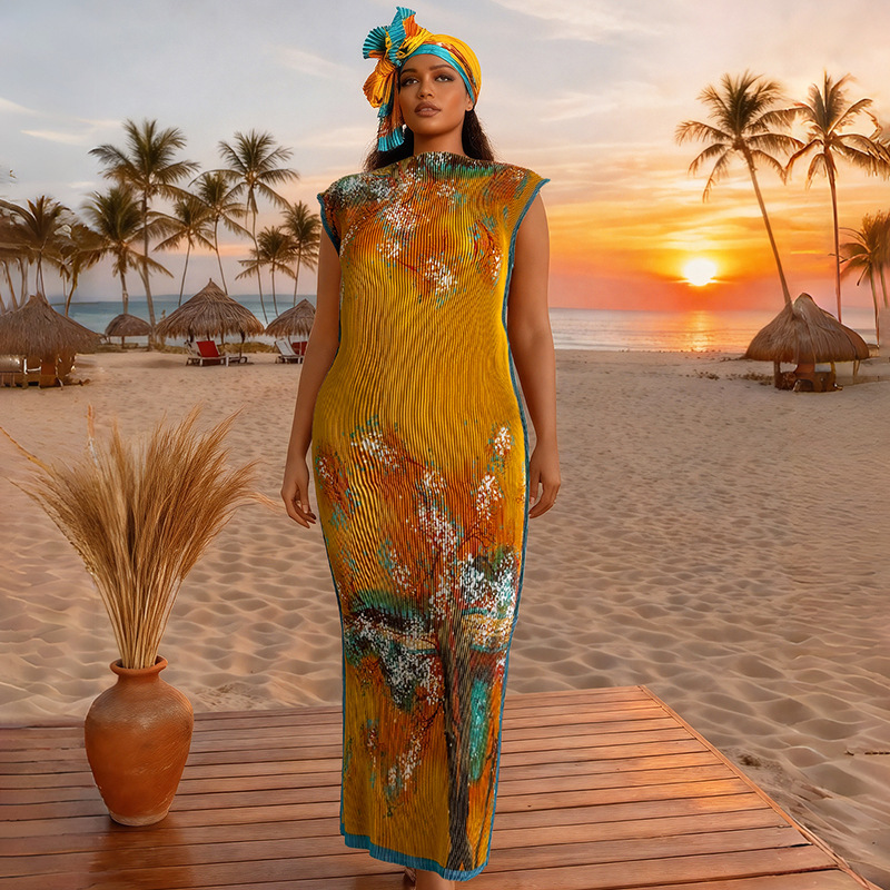 Cross-Border Hot-Selling Imitation Silk Plus-Size Fashion Dress, Slim-Fit Dress, Sun Protection Shawl Two-Piece Set, Printed Wholesale