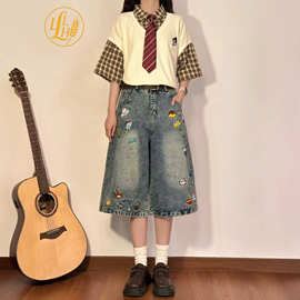 2026美式复古水洗趣味卡通阔腿牛仔七分裤男女宽松直筒夏季