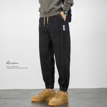 春季黑色牛仔裤男宽松束脚弹力休闲加肥加大码胖子松紧腰春季裤子