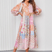 欧美跨境2025亚马逊爆品波西米亚风灯笼袖时尚印花大摆长款连衣裙