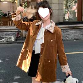 原版有内里 高级超好看复古大衣美拉德蕾丝拼接麂皮绒风衣外套女