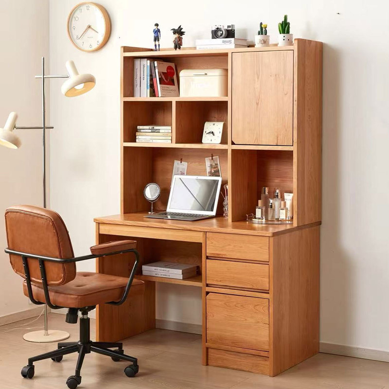 North American Cherry Wood Desk Bookshelf Integrated Modern Simple Nordic Solid Wood Makeup Table Student Study Table Drawer Cabinet