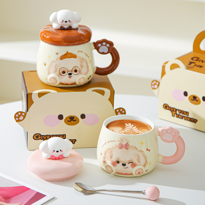 Taza de cerámica de alto valor nominal ins para cachorros con tapa para casa encantadora pareja taza de café para desayuno para acompañantes taza de regalo