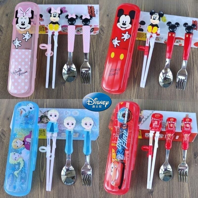 Disney Children's Portable Tableware Set, Three-Piece Set of Chopsticks, Spoon, and Fork for Infants and Toddlers, Cartoon-Themed, Boxed