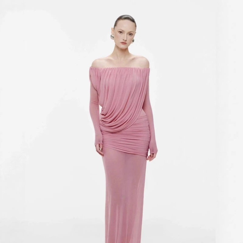 High-End Brown Mesh One-Shoulder Long-Sleeve Dress, Feminine Strapless Ruched Bodycon Long Dress, Single-Sleeve Gown