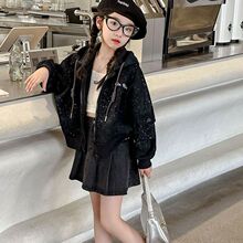 网红女童亮闪闪开衫上衣中大童纯色洋气春秋新款休闲风连帽衫卫衣