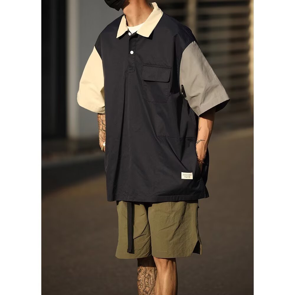 Verano japonés herramientas retro bolsillo polo collar suelto pareja de moda camisa de manga corta