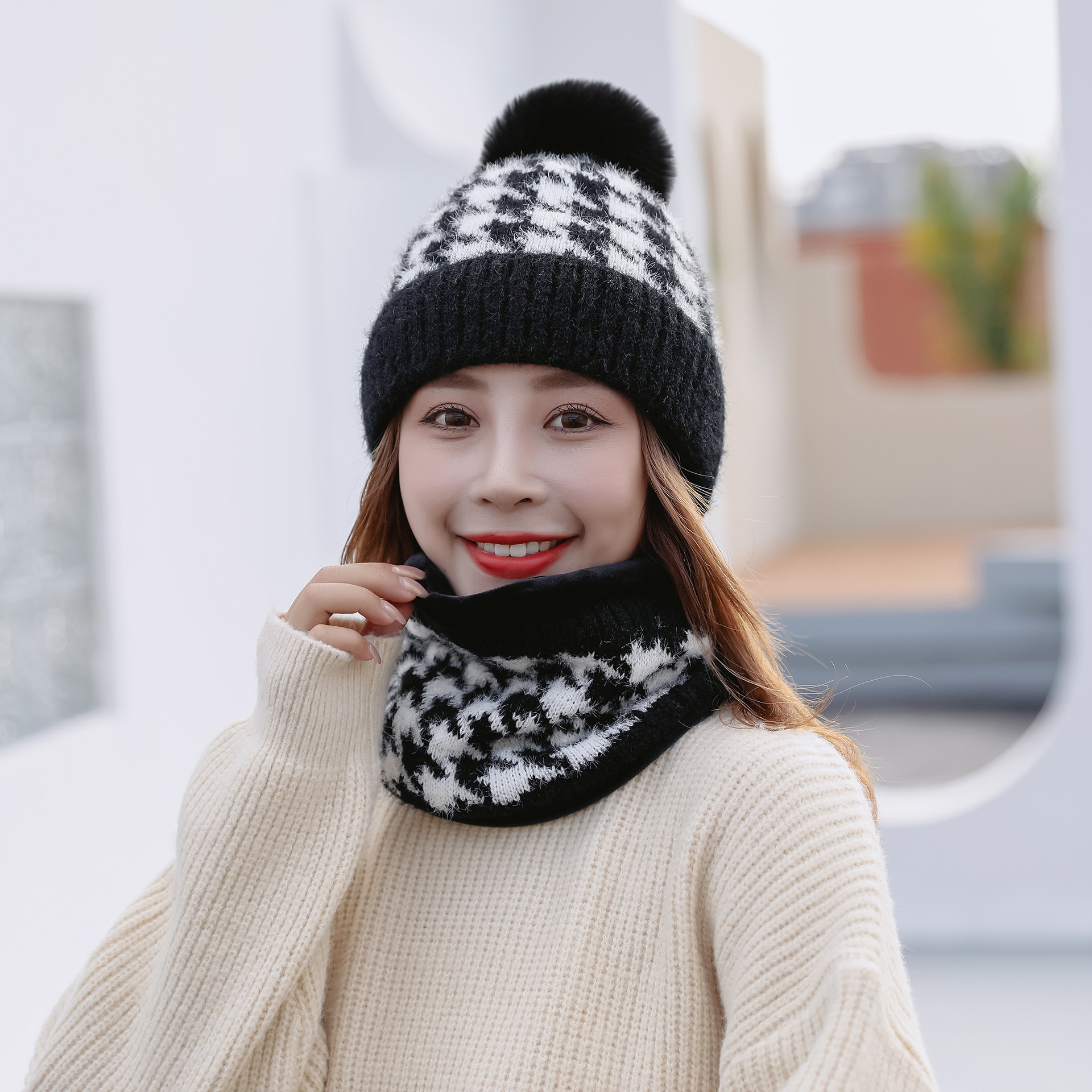 Sombrero de las mujeres de invierno moda estilo coreano sombrero de lana bufanda traje de dos piezas moda juventud moda gruesa caliente de punto sombrero image 1