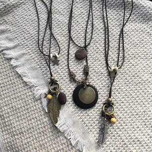 Feather star oval artificial wood necklace ethnic style retro fashion sweater chain temperament versatile personality necklace