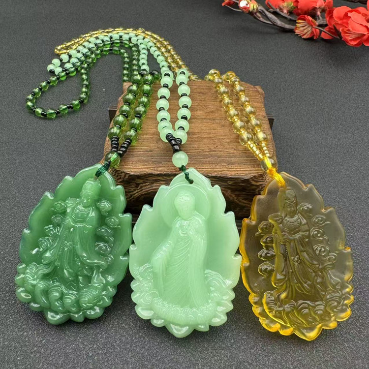 新款春夏秋冬长款毛衣链碧玉观音佛树叶挂件黑曜石浅绿色项链