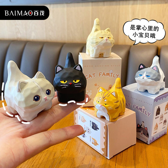 Hundred Mau Original Wood Carving Style Standing Posture Meow Meow Resin Doll Ornaments Cute Muppet Creative Home Desktop Decorations