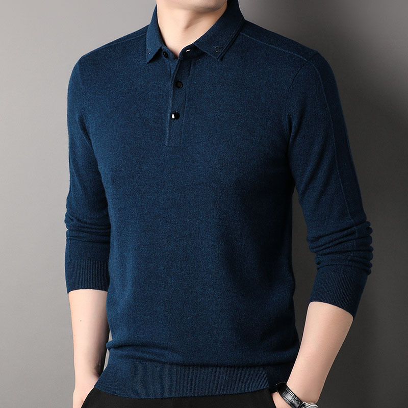 100 순수 양모 스웨터 남자 옷깃 스웨터 뉴 푸위안 스웨터 올 매치 니티드베이스 셔츠 탑