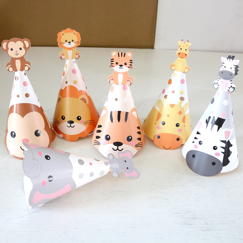 6-piece cross-border children's birthday party hat cartoon lion tiger elephant birthday hat wholesale custom