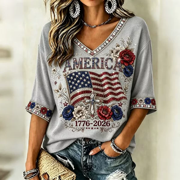 2026 New Model 250Th Anniversary Pattern Foreign Trade Independent Site Cross-Border New V-Neck Three-Quarter Sleeve Loose Women's Top Pod