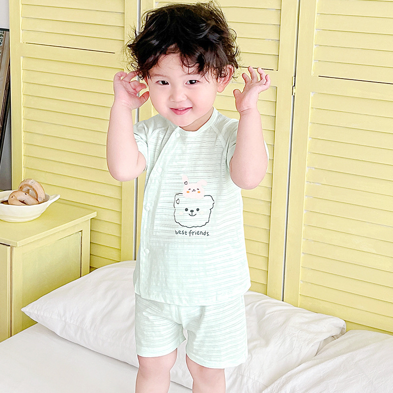 Traje de manga corta para bebés, ropa fina de algodón para niños de verano, niños y niñas divididos, ropa de verano para bebés de dos piezas