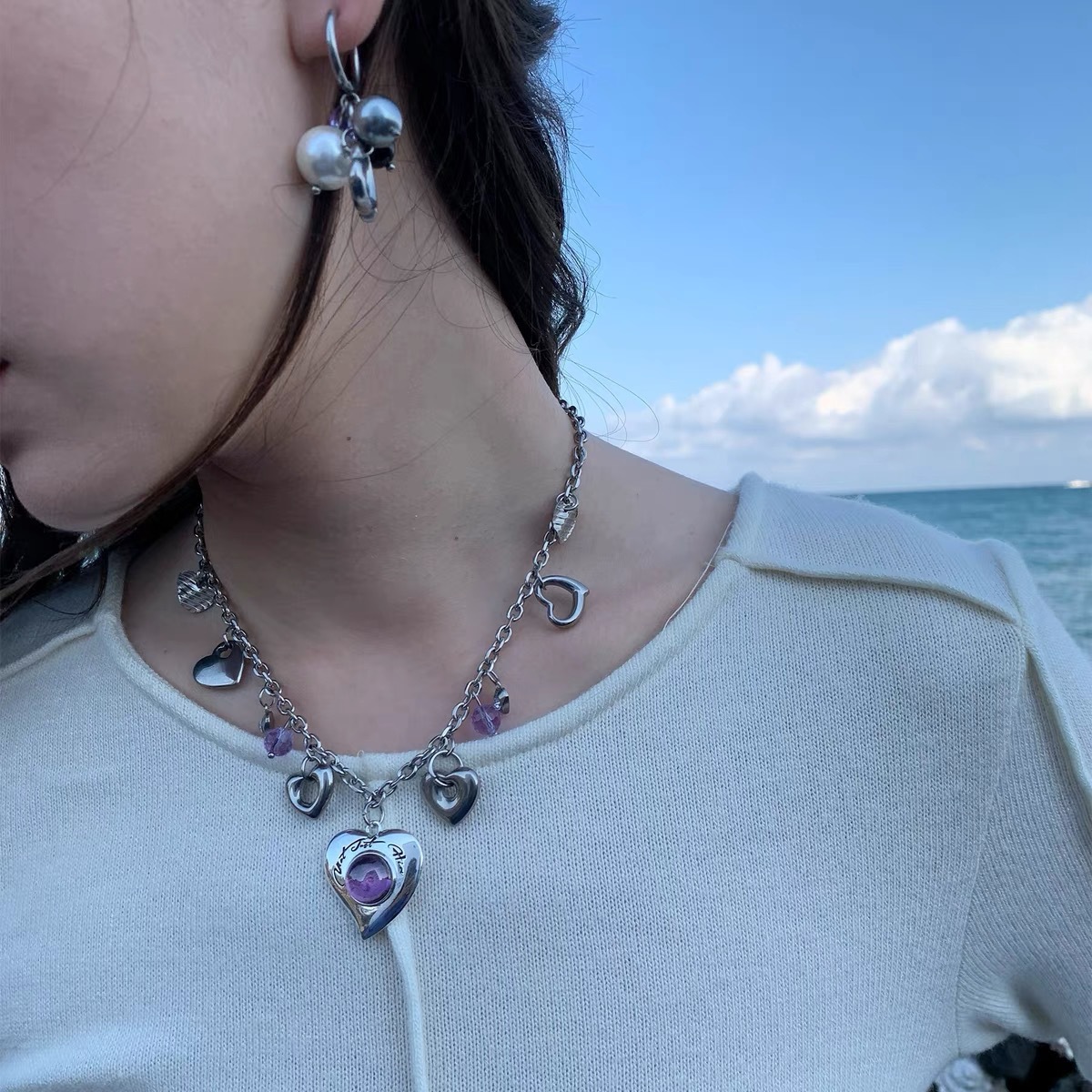 Lina Girl Edelsteinkette, mehrlagig, lange Ausführung, herzförmiges Nachtigall-Design, Silber/Gold, frisch, süß, leichter Luxus, hochwertig_voghion.com