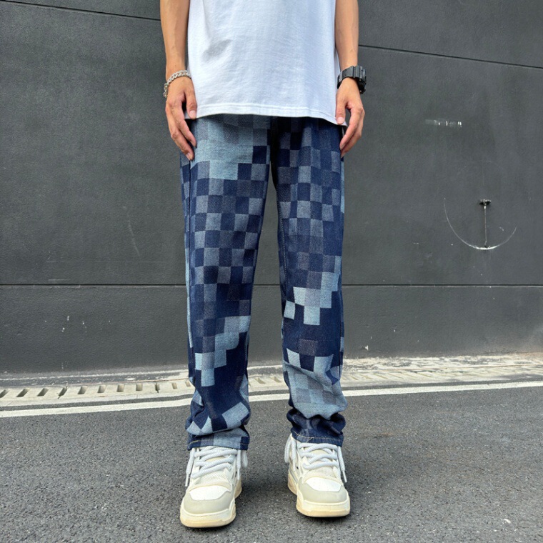 High Street Vibe Style Chessboard Plaid Jeans Men's European and American Fashion Brand hiphop High Waist Straight Denim Trousers