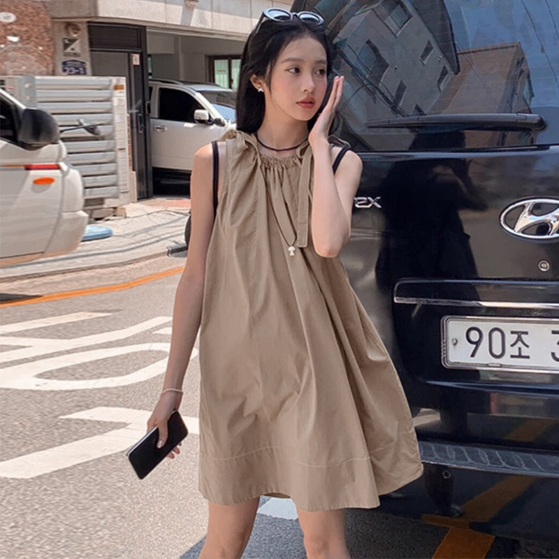 Retro summer solid color design dress with sleeves sleevless