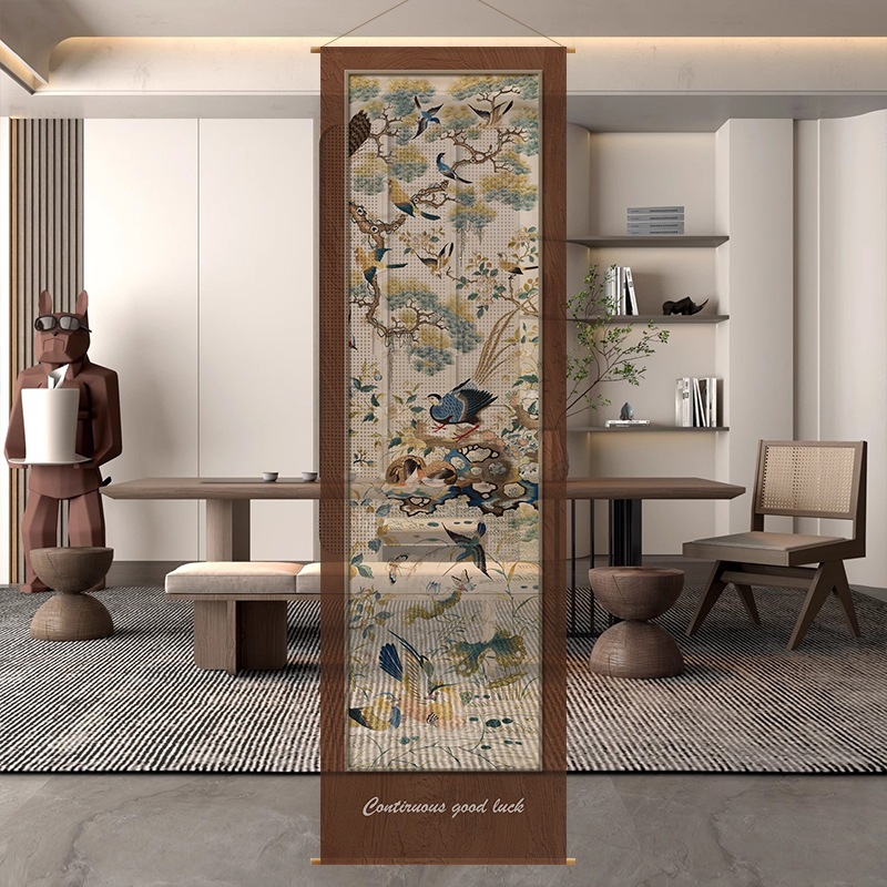 Nuevo estilo chino de pájaros de flores de flores semipermeables cortina de tela larga colgante de tela atmósfera sala de té sala de té cortina de partición decoración de sala