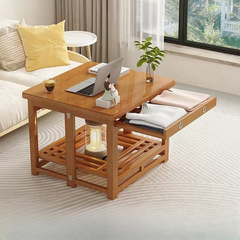 Folding Heating Table for Home Use, Winter Solid Wood Unpainted Square Double-Layer Multifunctional Heating Rack Coffee Table