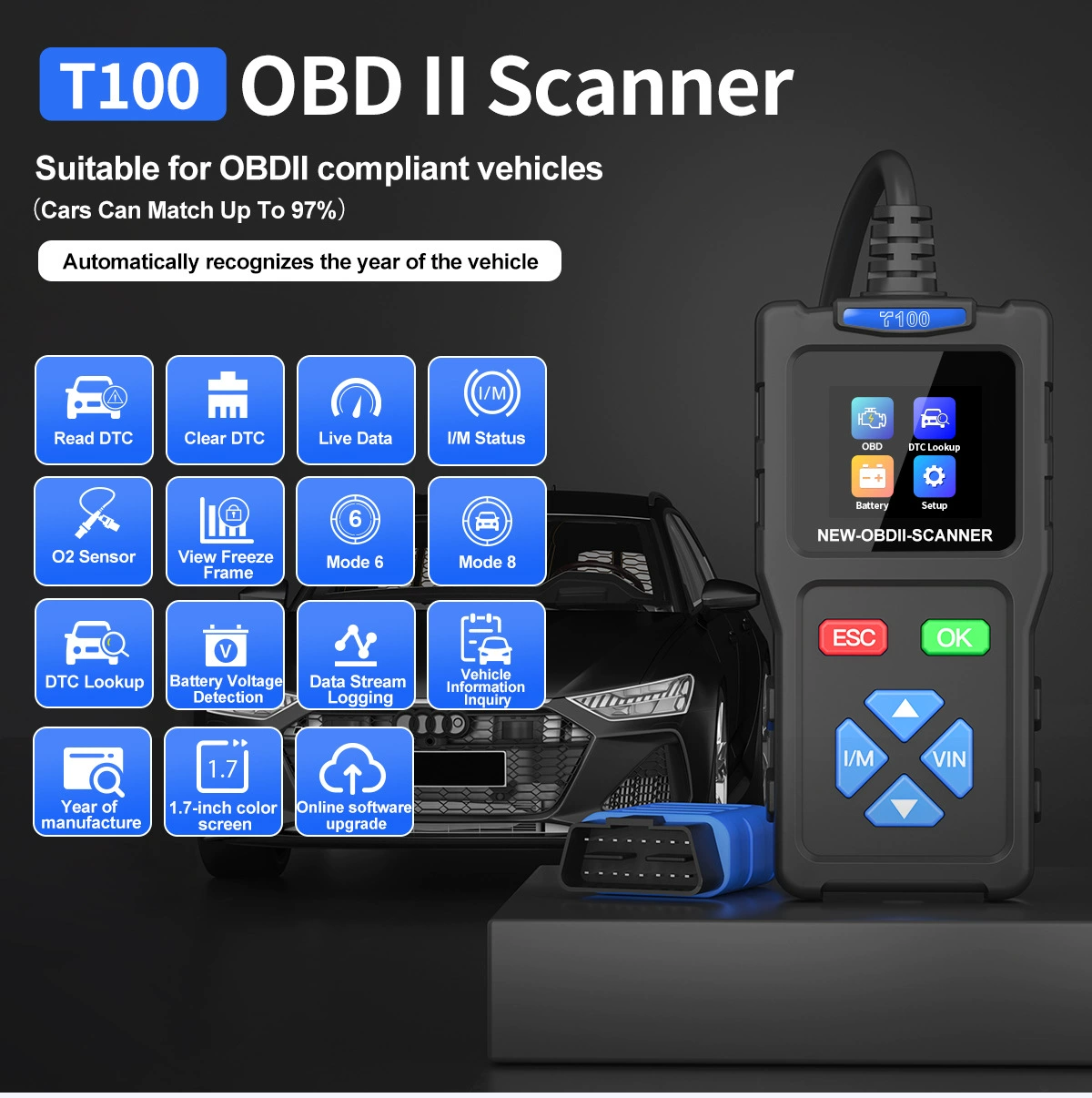 JDiag новый автомобильный детектор T100 для OBDII/EOBD полный режим диагностики I чтения для устранения неисправности