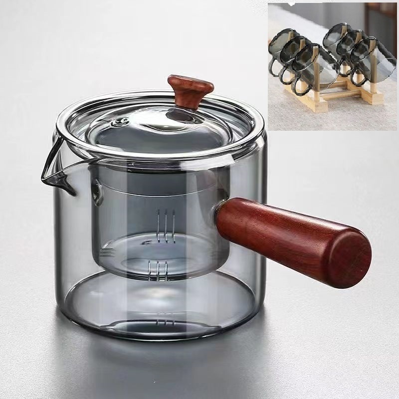 Borosilicato ahumado gris vidrio tetera mango lateral olla mango de madera maciza olla Kung Fu juego de té hogar gran capacidad tetera