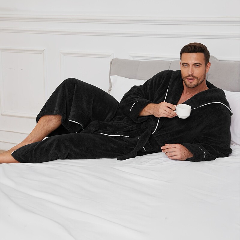 European and American Cross-Border Autumn and Winter Comfortable Cotton Velvet Luxury Open-Line Couple's Nightgown Men's Warm Autumn and Winter Bathrobe Pajamas in Stock