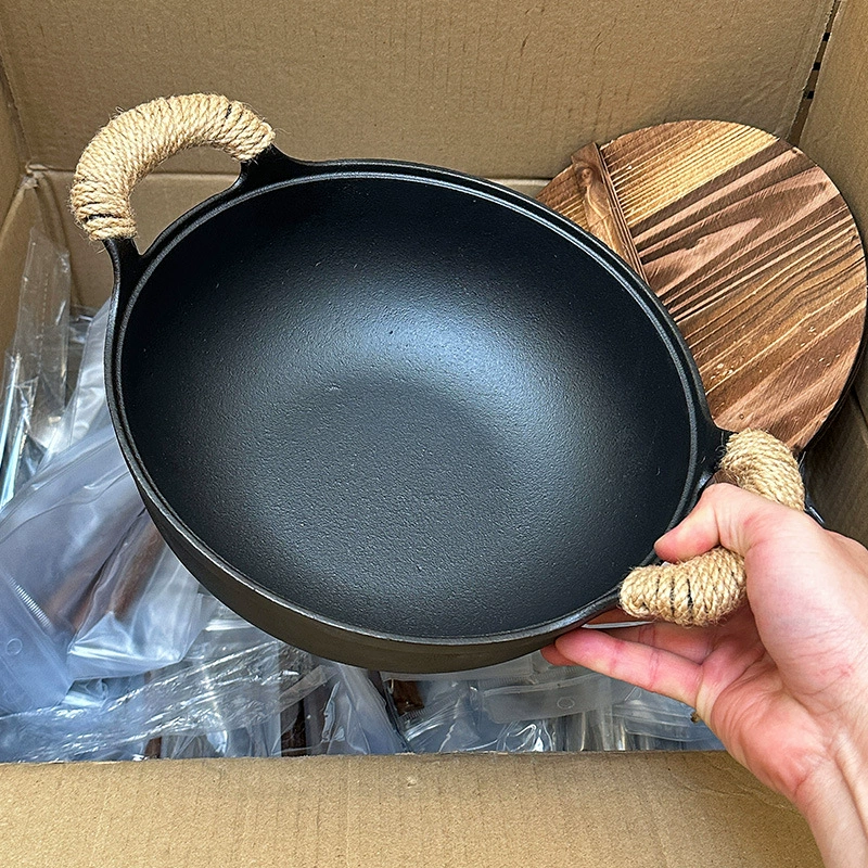 Маленькая чугунная кастрюля без покрытия, домашняя кастрюля для тушения с крышкой, чугунная кастрюля оптом