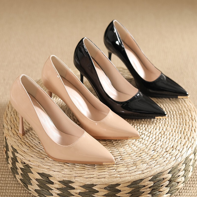 Large and Small Size Xinzhilan Patent Leather Pointed Toe Shallow Mouth Stiletto High Heel Women's Shoes] 969-F2【Patent Leather Plain Finish】