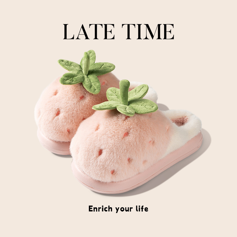 latetime可爱草莓棉拖鞋女款冬季2025新款室内家居保暖毛毛月子鞋|undefined
