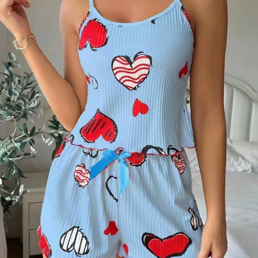 knitted summer shorts pajama set (women), ribbed, heart print, lifting effect, S–XL