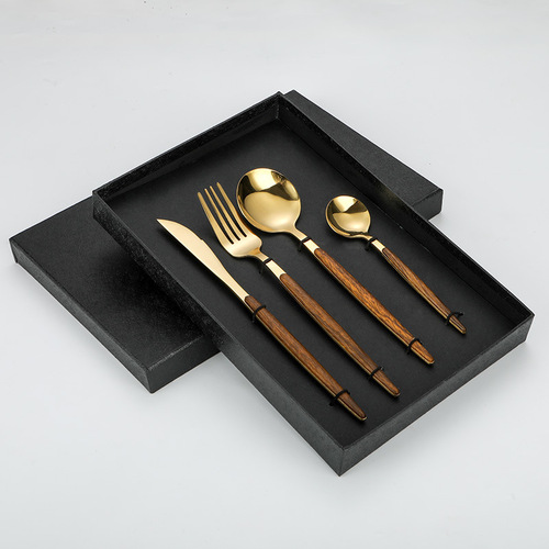 Stainless steel western food tableware steak knife, fork and spoon home hotel wooden handle knife fork spoon cross-border set wholesale
