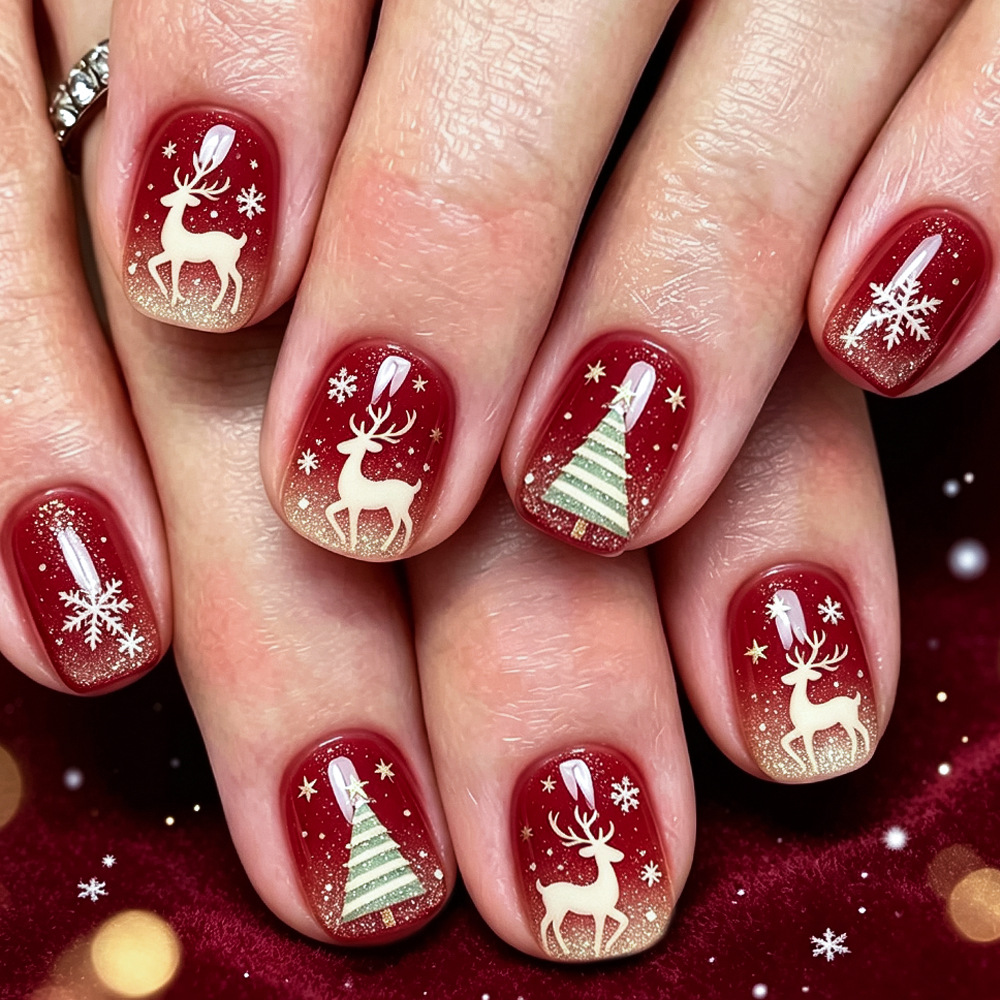 Short Square Glossy Christmas Cross-Border Nail Art Wine Red Christmas Tree Reindeer Snowflake European and American Style Press-On Nails Fake Nails 24 Pieces