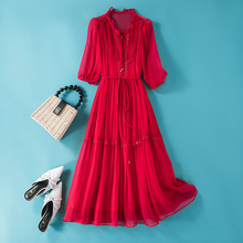 69235系带收腰纯色桑蚕丝裙子正红色真丝连衣裙气质仙女裙