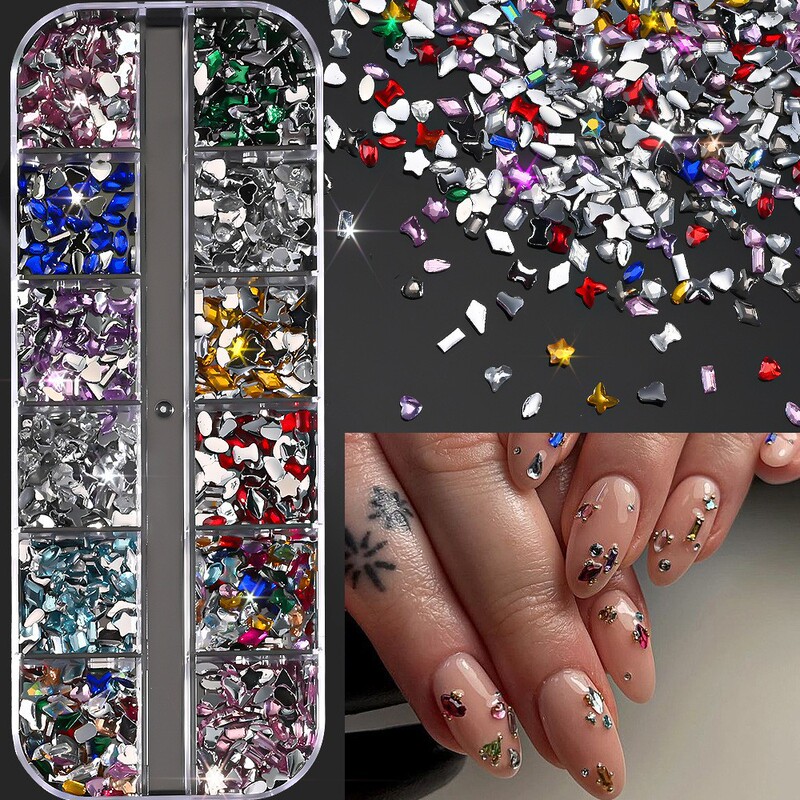 12-grid mini colored nail diamond nail jewelry shaped round flat bottom diamond white champagne nail accessories