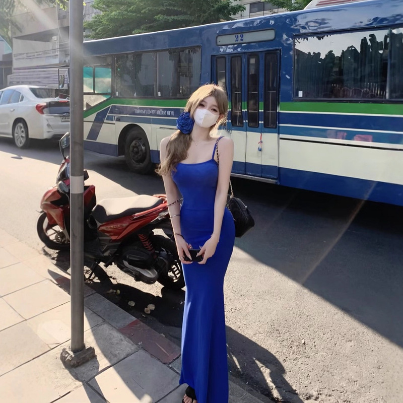 Royal Blue Sexy Suspender Waist Dress for Women 2024 Summer Vacation Style Tight Inner Hip Skirt Long Skirt