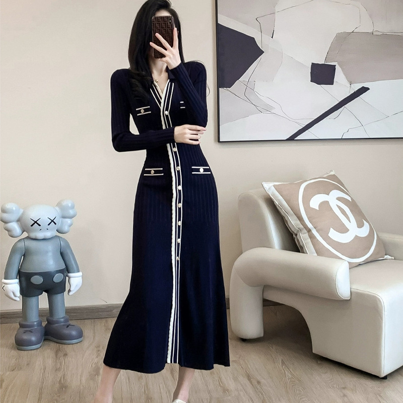 French-Style S Brand Spring and Autumn Long-Sleeve Knit Dress, Cross-Border European and American Elegant Socialite Autumn and Winter Women's Fitted A-Line Long Dress