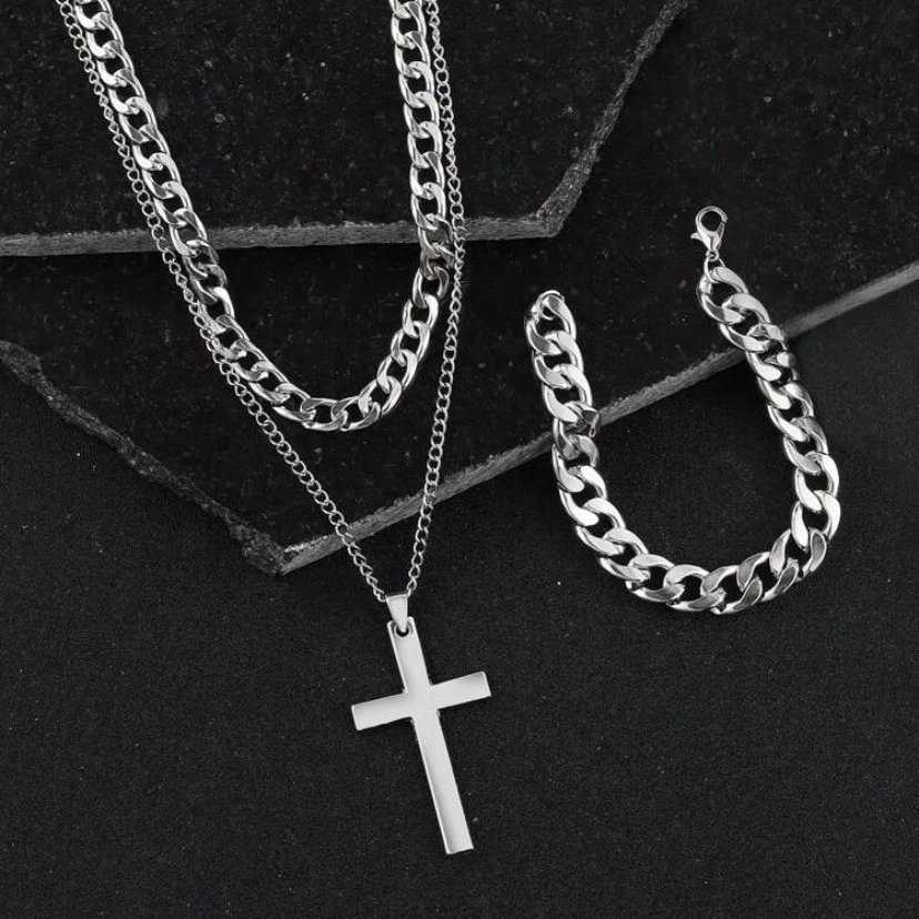 Комплект ювелирных изделий Cross, унисекс, ожерелье из титаново-стального сплава 60 см, браслет 22 см, кольцо Ø 2 см