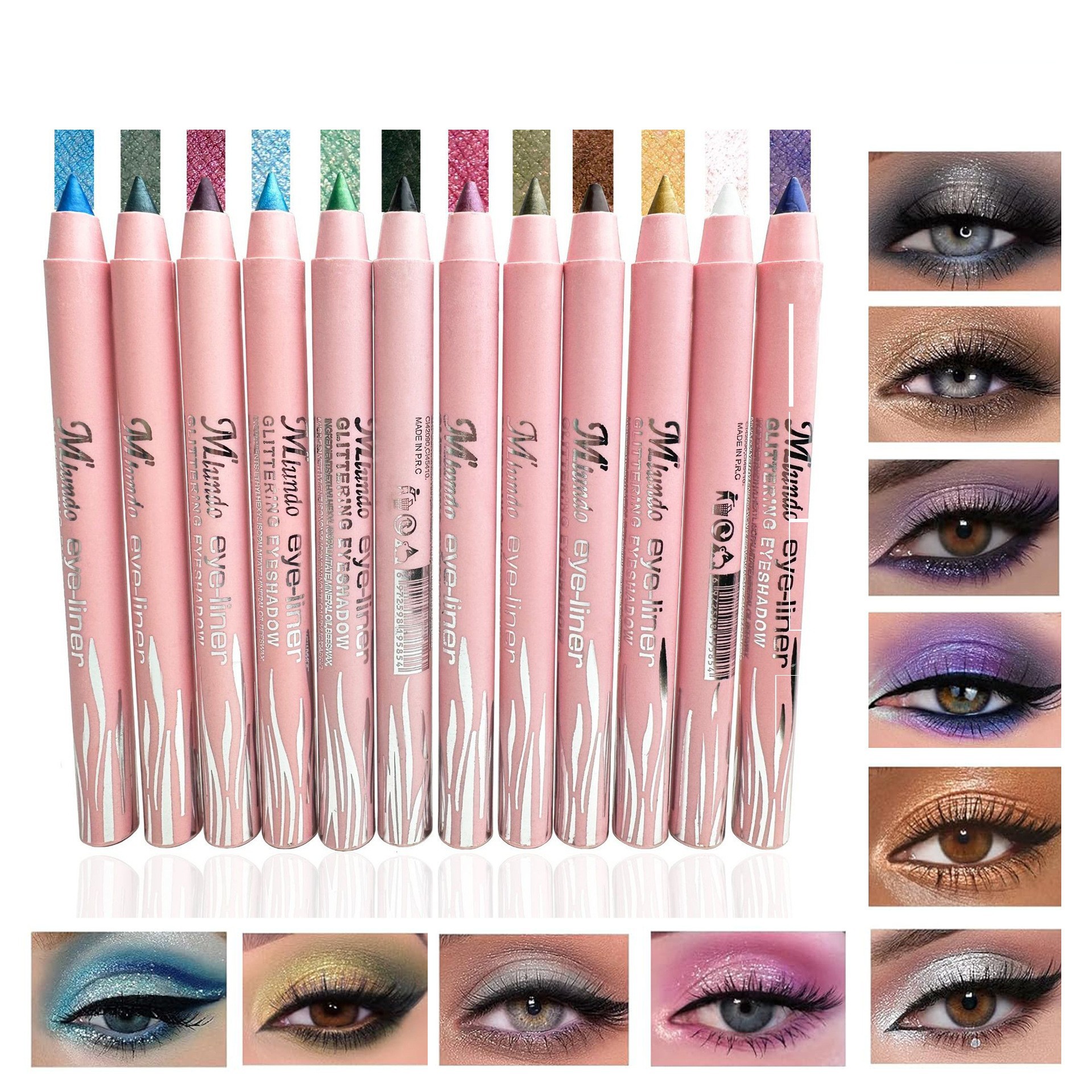 Lápiz de sombra de ojos europeo y americano transfronterizo, palo de sombra de ojos, juego de sombra de ojos, bolígrafo de gusano de seda acostado, bolígrafo nacarado con sacapuntas, bolígrafo de espuma 12 al por mayor