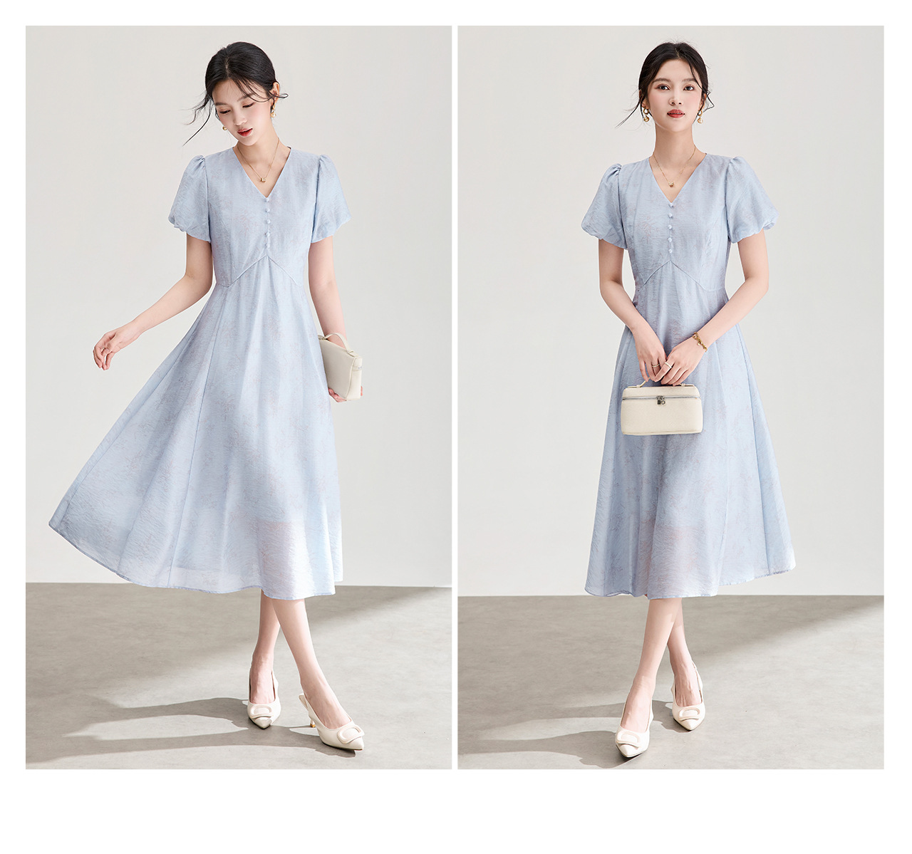 Đầm chữ A cổ V dáng suông midi họa tiết jacquard tối màu — xanh lam chi tiết 20